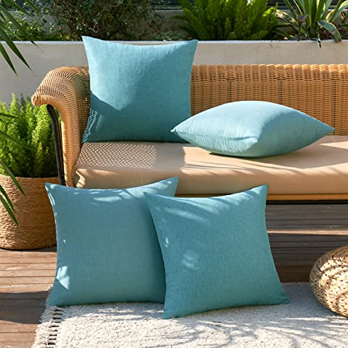 Pack of 4 Decorative Outdoor Throw Pillow Covers Linen Waterproof Pillow Covers Summer Farmhouse Cushion Cases for Patio Garden Tent Balcony Couch Sofa 18x18 Inch Turquoise (18" x 18" (Pack of 4) / Turquoise)