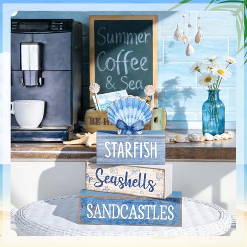 4 Pcs Beach Wooden Signs Table Decor with Shell (Shell Bow)