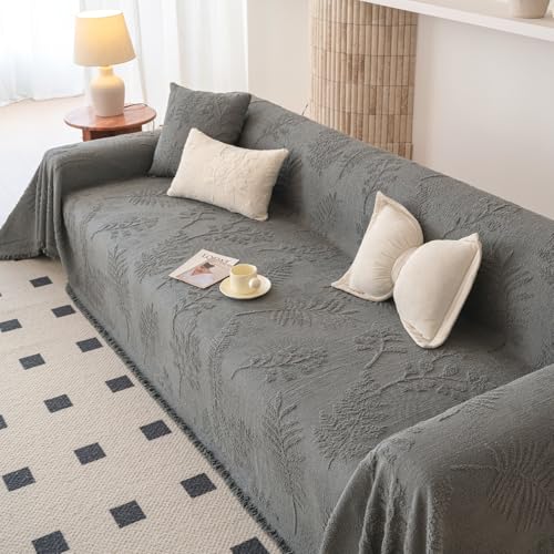 Washable Couch Covers for Sofa Boho Couch Covers for 3 Cushion Sofa Pet Friendly Grey Chenille Jacquard Couch Protector for Dogs Plant Branch Sectional Cover Sofa Slipcovers (71" x 118" / U: Grey)