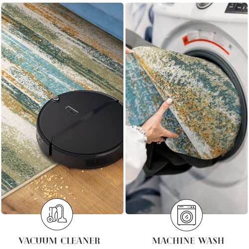 Modern Abstract 9x12 Large Machine Washable Living Room Rug Non (9' x 12' (Rectangular) / Green Teal Mustard Multi)