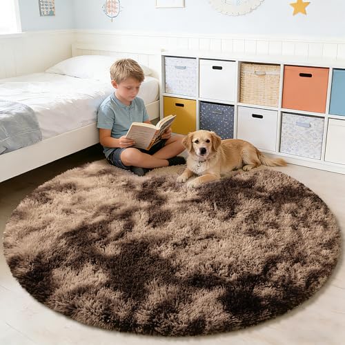 Tie Dyed Coffee Fluffy Round Rug (Mottling Coffee / 3' (Round))