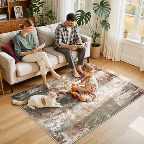 Washable 4'x6' Abstract Area Rug for Living Room Rustic Brown (Rust Red/Green/Blue/Multi / 4' x 6' (Rectangular))
