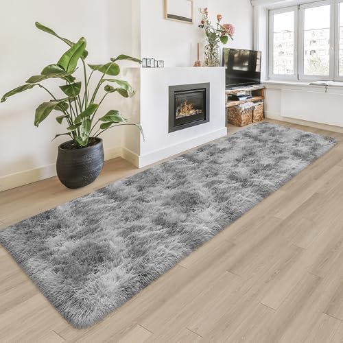 Super Soft Fluffy Living Room Area Rug 2x8 ft Tie (Tie-dyed Grey / 2' x 8' (Runner))