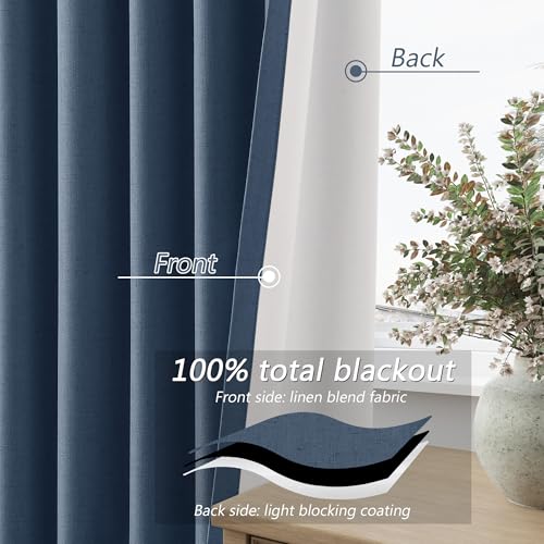 100% Blackout Curtains 84 Inch Length 2 Panels Set for Living Room Bedroom Back Tab Thermal Insulated Black Out Linen Drapes Room Darkening Window Curtains 84 Inches Long (Denim Blue / 52"W x 84"L (Pack of 2))