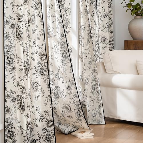 Vintage Floral Linen Curtains 90 Long for Living Room 2 Panels (Black / 50"W x 90"L (Pack of 2))