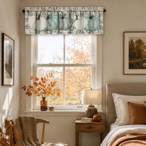Fall Thanksgiving Kitchen Curtains Valances and Tiers 53 x 18 Inch (Blue / 54"W x 18"L (Pack of 3))