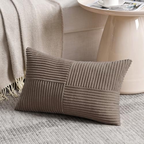 Set of 2 Light Brown Patchwork Corduroy Decorative Soft Striped Modern Accent Cushion Case Farmhouse Boho Neutral Throw Pillow Covers for Chair Couch Bed Sofa Living Room 20x12 Inch (Light Brown / 20" x 12" (Pack of 2))