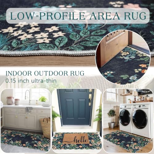 Front Door Mat Indoor Entrance (Floral - Dark Navy / 2' x 4'3" (Rectangular))