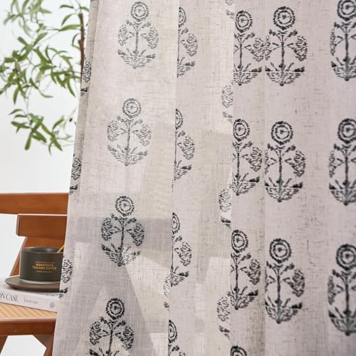 Floral Linen Black Curtains 63 Inch Vintage Back Tab 2 Panels (*Floral Black / 50"W x 63"L (Pack of 2))