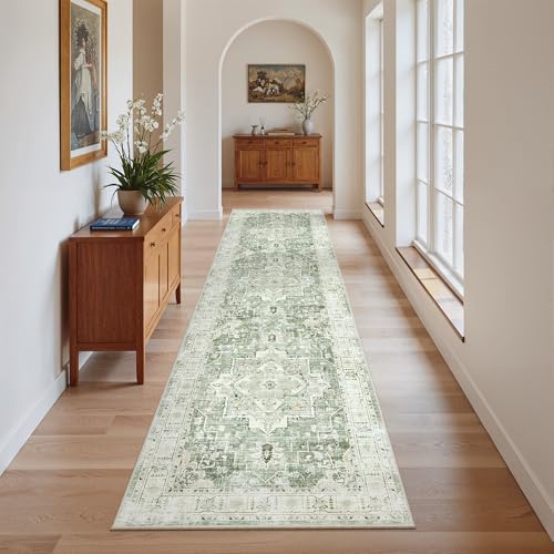 Hallway Runner Rug 2x8 Washable Kitchen Rugs Non (Green/Ivory / 2' x 8' (Runner))