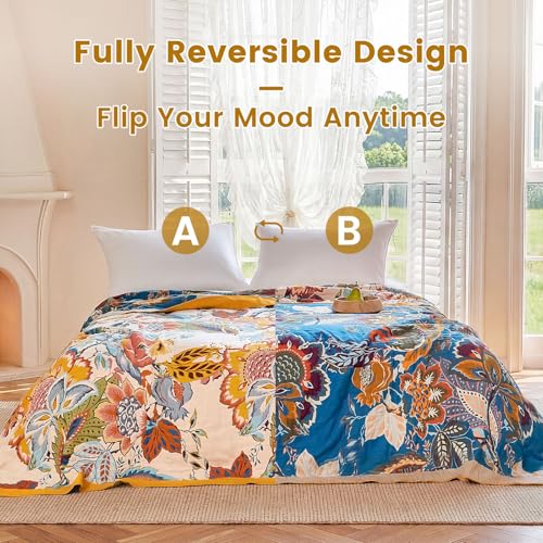 Boho Throw Blanket 90"x108" 100% Cotton Floral Blanket King Bed Decor (Opera Bloom / 108"x90")