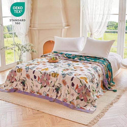 Boho Throw Blanket 50"x60" 100% Cotton Butterfly Floral Blanket Couch (Bloom Butterfly / 50"x60")