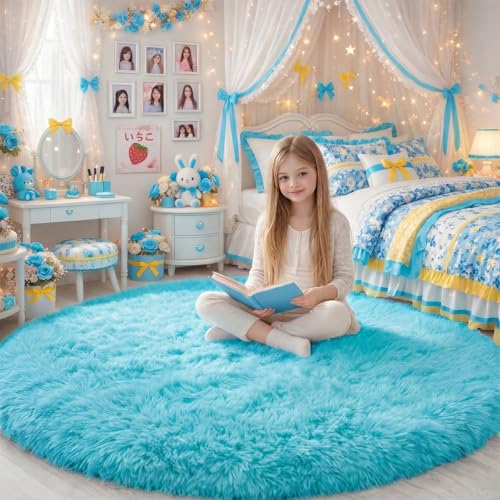 Blue Large Fuzzy Round Circle Area Rug 6Ft for Living Room Bedroom (Blue / 6' (Round))