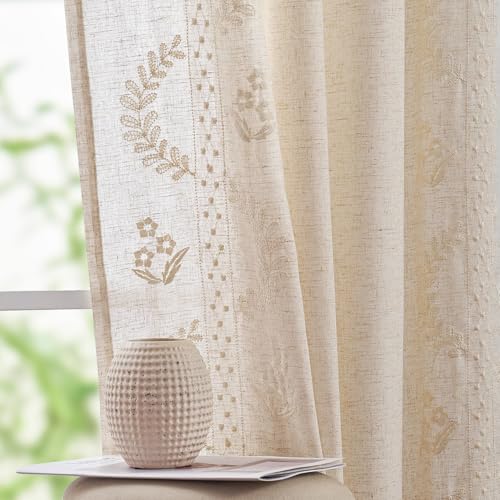 Floral Lined Linen Curtains 84 Inch Farmhouse Back Tab 2 Panels (Ivory / 50"W x 84"L (Pack of 2))