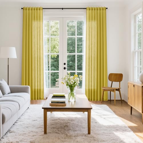 Celery Yellow Linen Curtains 84 Inch Length 2 Panels Set for Living Room Back Tab Light Filtering Semi Sheer Curtain for Bedroom Farmhouse Drapes (52"W x 84"L (Pack of 2) / Celery Yellow)