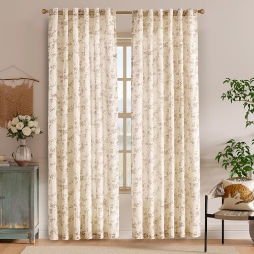 Taupe Vintage Floral Linen Curtains Farmhouse 50W X 90L 2 Panels (Taupe on Beige / 50"W x 90"L (Pack of 2))