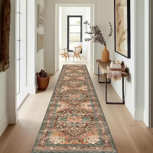 Washable Runner Rug (2' x 12' / Rust/Dull Teal)