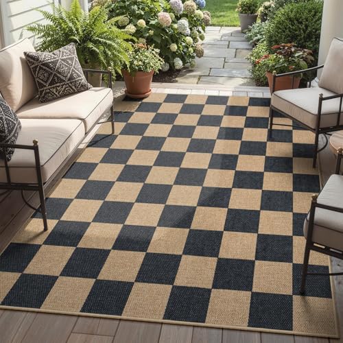 Checkered Easy Jute 5x7 Outdoor Patio Rug (5' x 7' (Rectangular) / Black/Checkerboard -1)