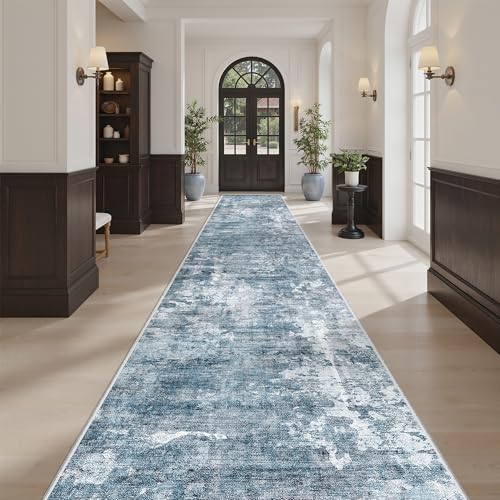 Hallway Runner Rug 2'6" x 16' Kitchen Rugs Abstract Blue (Blue/Grey / 2'6" x 16' (Runner))