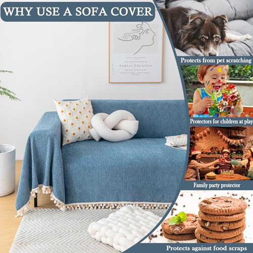 Couch Slipcover Dog Sofa Covers Boho Couch Cover for Dogs Blue Sofa Throw Cover Bohemian Sofa Covers for 3 Cushion Couch Herringbone Sectional Couch Cover Slipcovers for Sofas (91" x 150" / Tassel Ball: Blue)