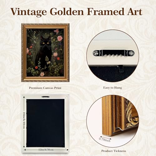 Gold Framed Moody Floral Black Cat Wall Art (Black cat / 16"L x 12"W)