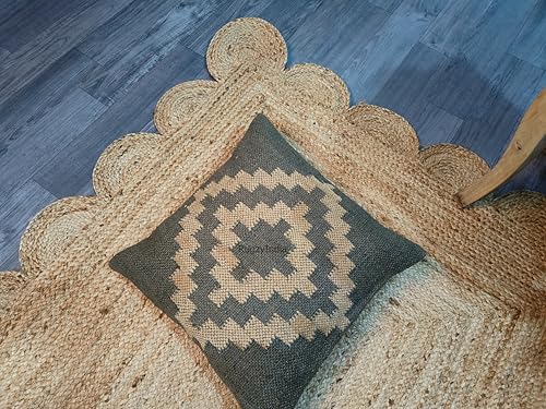 Natural Tan and Trim Jute Area Rug 3x5 ft Handwoven Rug with Natural Border Scalloped Durable Beign Scallop Pattern Area Rug for Living Room (3'x5' / Natural)