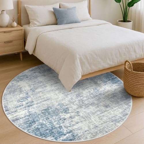 Abstract Round Area Rug 6 Ft Washable Circle Rugs Large Round Rug Non Slip Thin Soft Circle Rugs (Light Blue/Grey/White / 6' (Round))