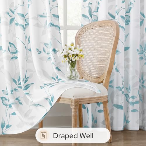Non-See-Through Teal and White Privacy Sheer Curtains (Leaves-teal / 52"W x 96"L (Pack of 2))