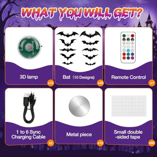 48P Bats Halloween Decorations + 12P Rechargeable Lights with Remote (Black, Black)