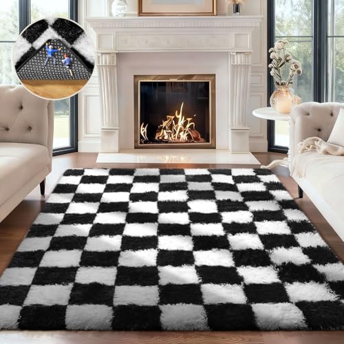 Checkered Black & White Rug for Living Room Bedroom (Checkered Black & White / 4' x 6' (Rectangular))