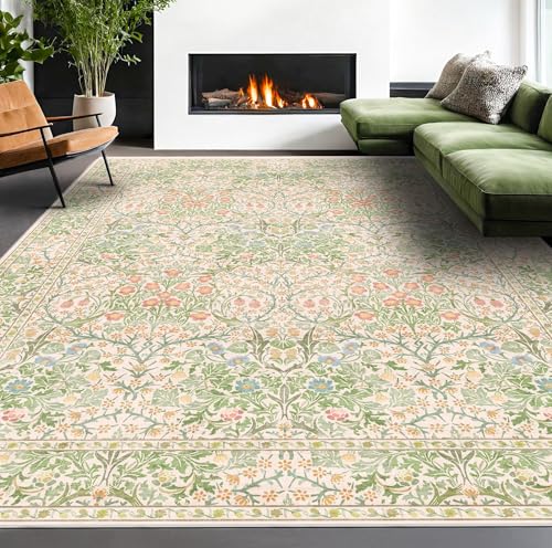 Vintage Washable Beige Green 10x14 Rug for Living Room (Garden Green / 10' x 14' (Rectangular))