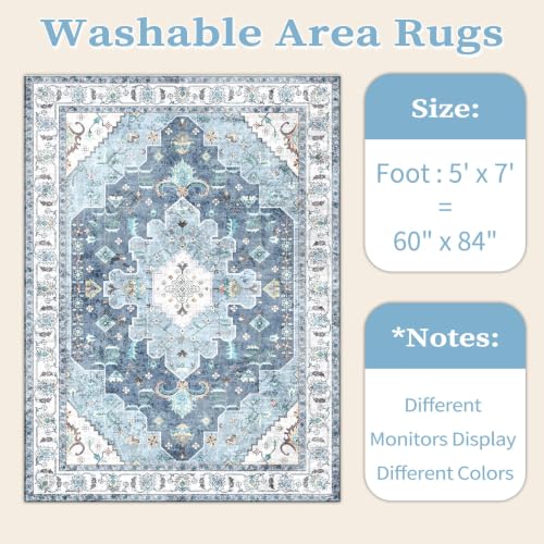5x7 Washable Non Slip Boho Area Rug for Living Room (Vintage Blue / 5' x 7' (Rectangular))
