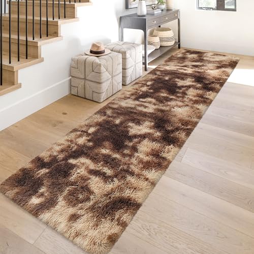 Super Soft Fluffy Living Room Area Rug 2x10 ft Tie (Tie-dyed Brown / 2' x 10' (Runner))