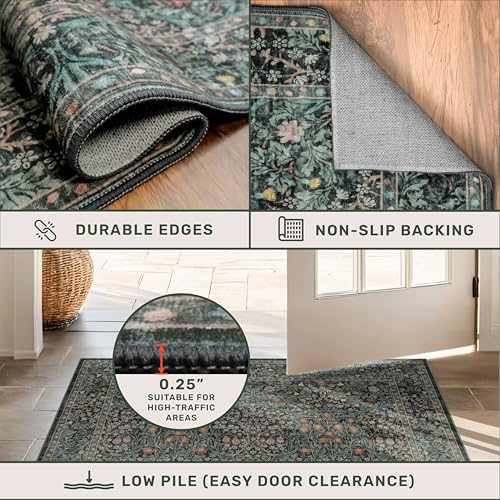 Dark Green Washable 3x16 Extra Long Runner Rug for Hallway Non Slip (Dark Green / Black / 3' x 16' (Runner))