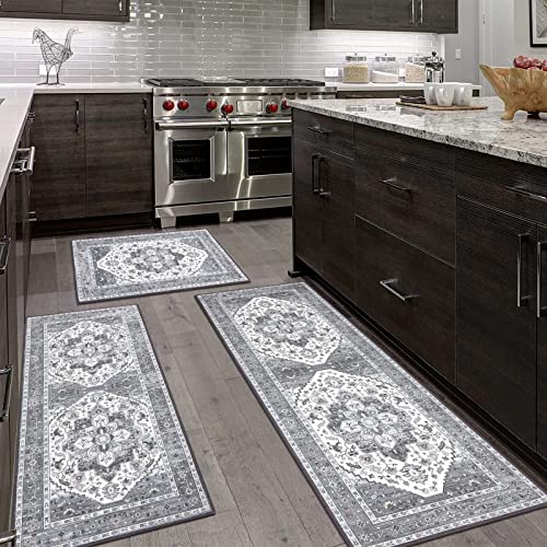HEBE Boho Kitchen Rugs Set of 3 (Grey / 20"x32"+20"x48"+20"x59")