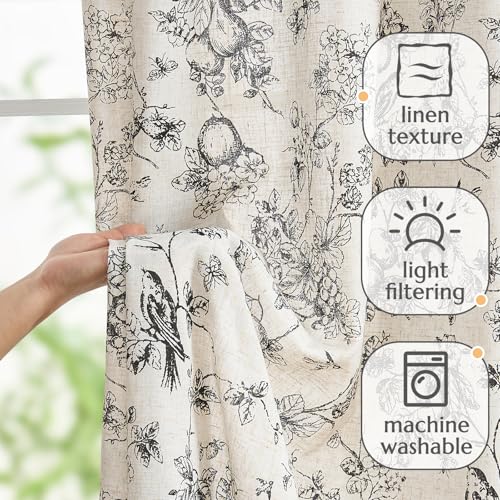 Black Floral Linen Curtains 84 Inch Vintage Back Tab 2 Panels (Black Floral on Linen / 50"W x 84"L (Pack of 2))