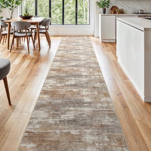 2'6x16 Runner Rug Washable Abstract (Brown/Brick / 2'6" x 16')