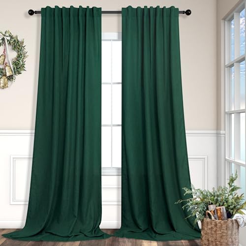 Dark Green Curtains 84 Inch Length for Bedroom 2 Panels Back Tab Pocket Hunter Green Drape Light Filtering Semi Sheer Linen Forest Emerald Green Curtain for Living Room Boho Christmas Decor 52x84 Long (52"W x 84"L (Pack of 2) / Hunter Green)