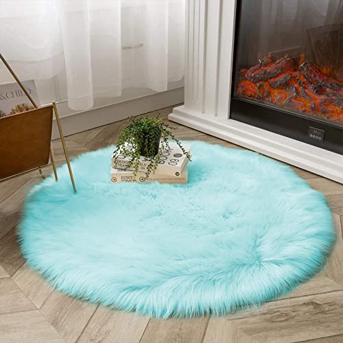 Light Blue Fur Round Rug 3ft Faux Sheepskin Circle Rug for Living Room Boho Rugs Bedroom Rugs Fluffy Rug for Teen Room Dorm Cute Room Décor (3' (Round) / Light Blue)