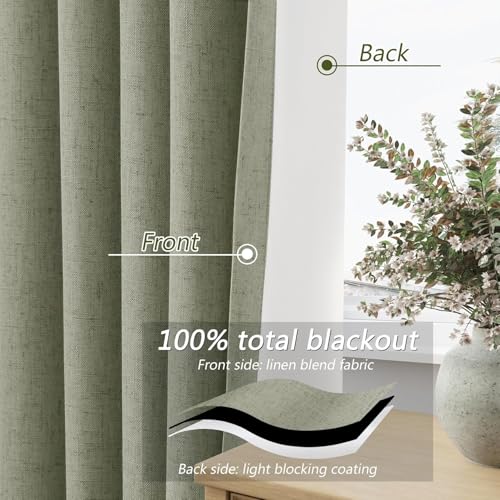 Sage Green 100% Blackout Curtains 45 Inch Length 2 Panels Set for Living Room Bedroom Back Tab Thermal Insulated Black Out Linen Drapes Room Darkening Window Curtains 52x45 (Sage Green / 52"W x 45"L (Pack of 2))