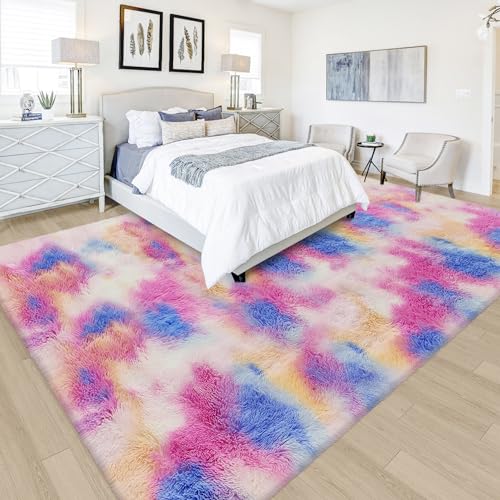 Fluffy Rainbow Colorful Rug for Living Room 6x9 Kawaii Rainbow Tie Dye Area Rug Fuzzy Indoor Floor Unicorn Rug for Bedroom Girls Kids Nursery Baby Princess Room Dorm Home Decor Aesthetic Carpets (Tie-dyed Colorful / 6' x 9' (Rectangular))