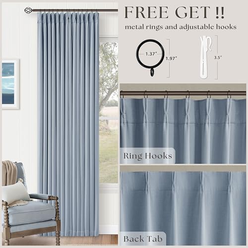 Blue Linen Blackout Pleated 86 Inch Curtains with Liner for Living Room (Light Blue / 40"W x 86"L (Pack of 2))