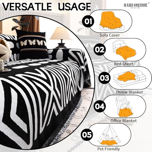 Boho Couch Cover Blanket Geometric Striped Pet Covers for Couches and Sofas Black and White Dog Cover for Couch Pet Friendly Chenille Sectional Sofa Covers for Pets Washable (71" x 134" / Stripe: Black and White)
