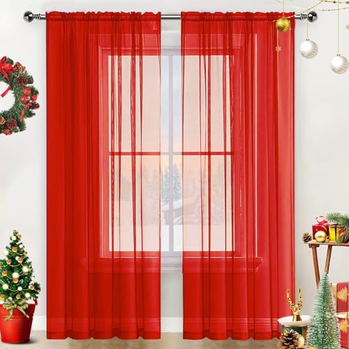 Basic Rod Pocket Sheer Voile Window Curtain Panels White 1 Pair 2 Panels 70 Width 72 Inch Long for Kitchen Bedroom Children Living Room Yard (Red / 70"W x 72"L (Pack of 2))