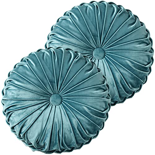 Set of 2 Teal Velvet Decorative Round Pleated Throw Pillows (Teal)