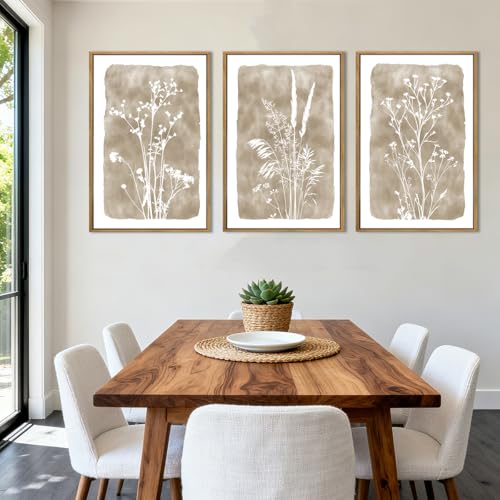 Beige Neutral Floral Canvas Wall Art 16x24 Inch Framed Brown Botanital Wall Decor Large Rustic Farmhouse Wildflower Artwork Boho Vintage Plant Art Prints Set of 3 for Living Room Bedroom Office (Beige Floral / 24"L x 16"W)