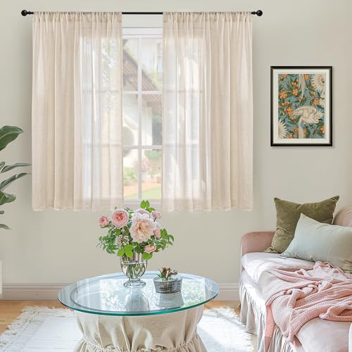 Tan Burlap Linen Sheer Curtains 45 Inch Length for Short Window (Natural / 42"W x 45"L (Pack of 2))