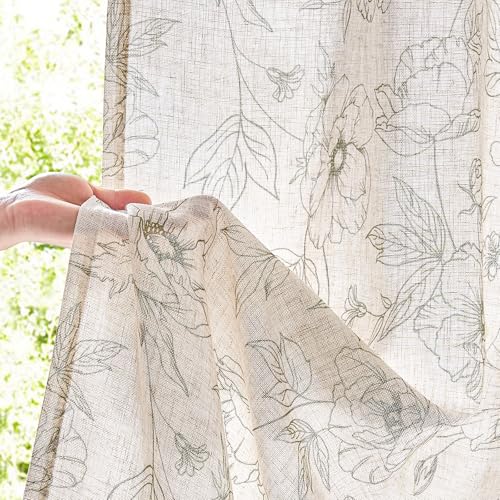 Floral Linen Curtains for Living Room 63 Inch Length Green Flower Curtain Rod Pocket Back Tab Farmhouse Curtains with Printed Floral Bedroom Window Curtain Set (Penny Green on Ecru / 50"W x 63"L (Pack of 2))