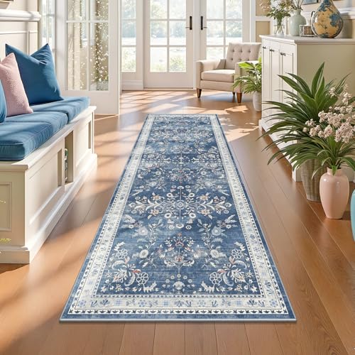 2x6 Washable Hallway Runner Rug Non Slip Floral Carpet (Blue / 2' x 6')
