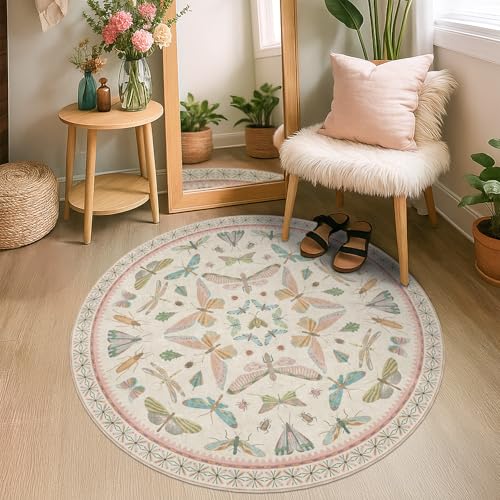 Boho Light Pink Round Rugs for Kids Bedroom (4' (Round) / Beige Pink)
